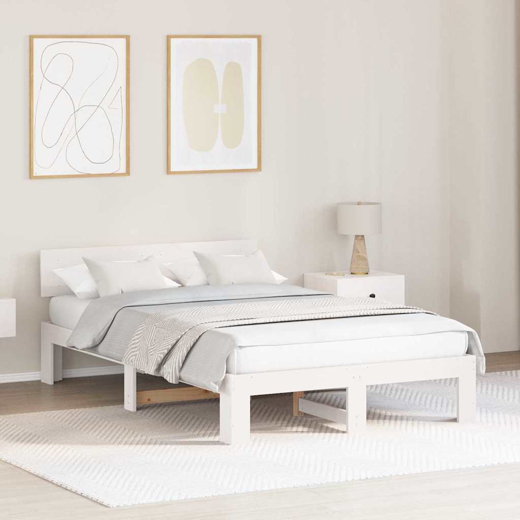 Bed Frame with Headboard White 135 x 190 cm Solid Pine Wood