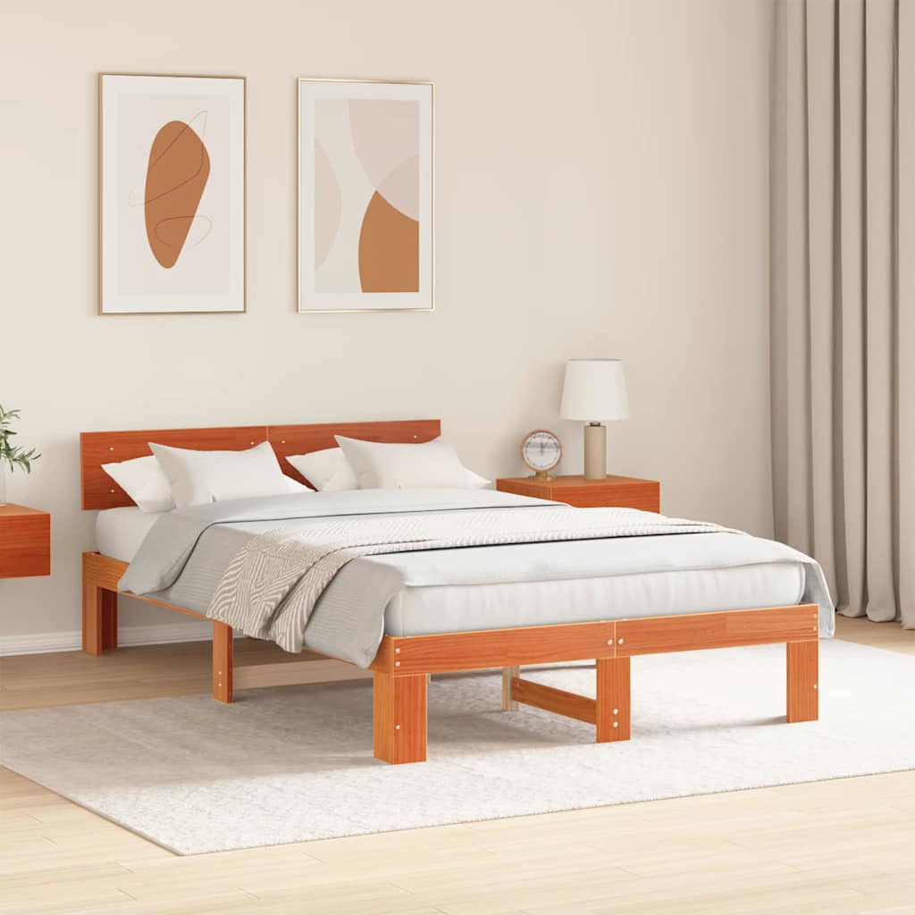 Bed Frame with Headboard Wax Brown 135 x 190 cm Solid Pine Wood