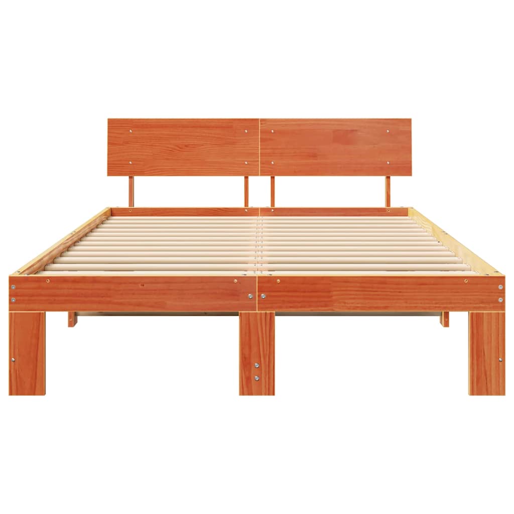 Bed Frame with Headboard Wax Brown 135 x 190 cm Solid Pine Wood
