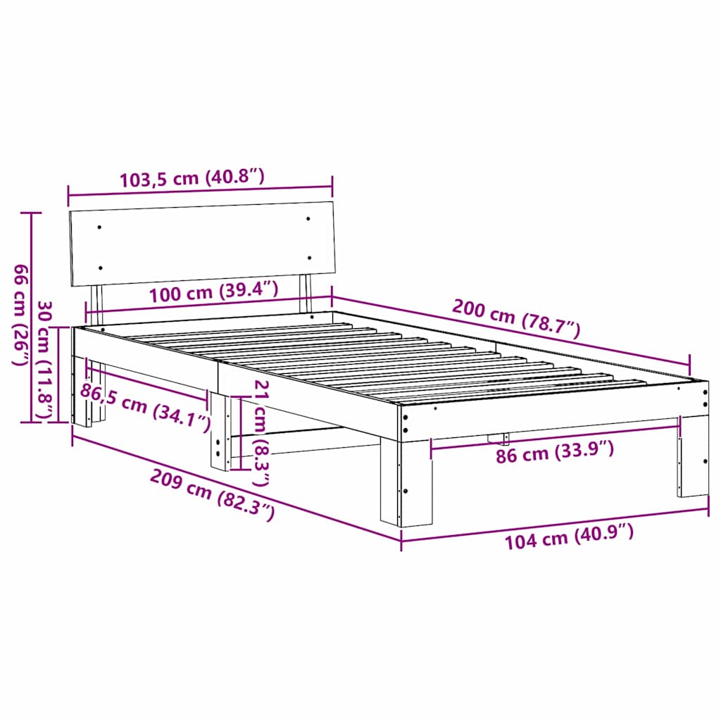 Bed Frame with Headboard Wax Brown 100 x 200 cm Solid Pine Wood