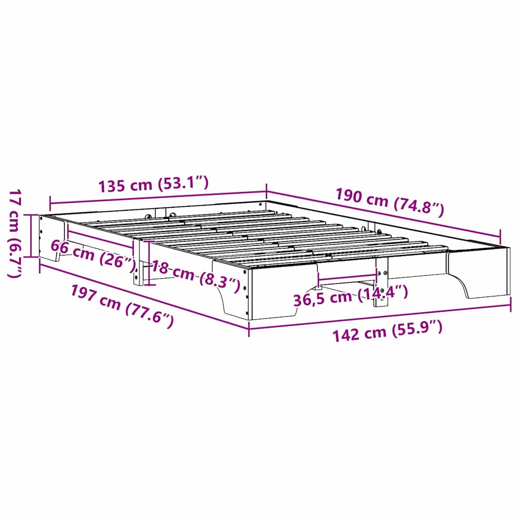 Bed Frame White 135 x 190 cm Solid Pine Wood