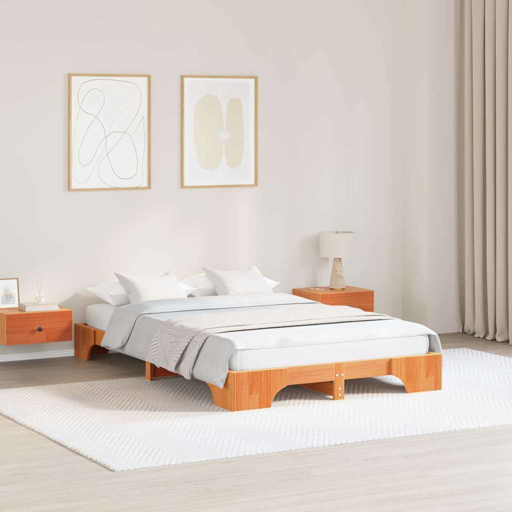 Bed Frame Wax Brown 135 x 190 cm Solid Pine Wood