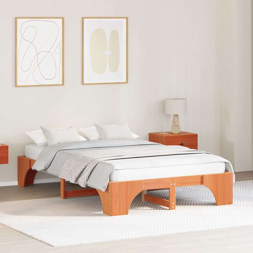 Bed Frame Wax Brown 135 x 190 cm Solid Pine Wood