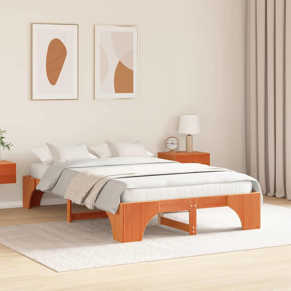Bed Frame Wax Brown 135 x 190 cm Solid Pine Wood