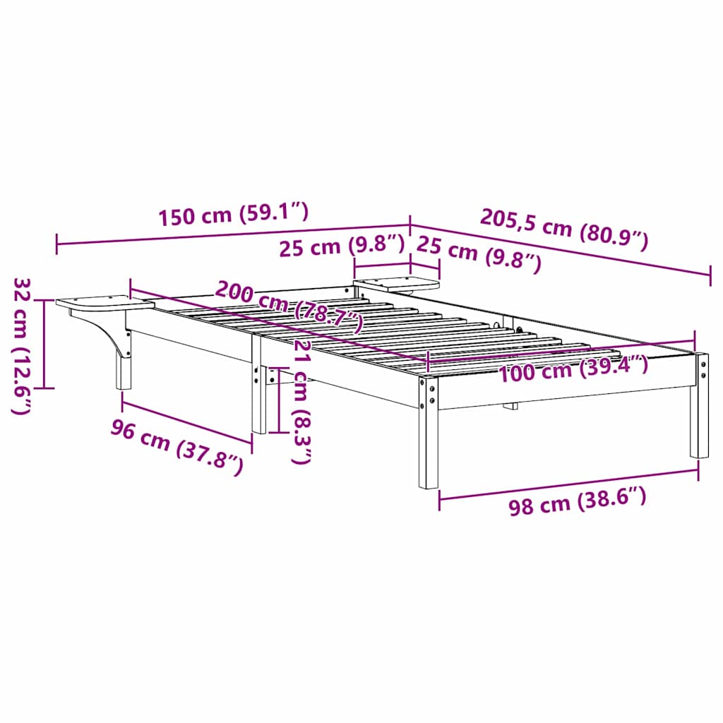 Bed Frame White 100 x 200 cm Solid Pine Wood