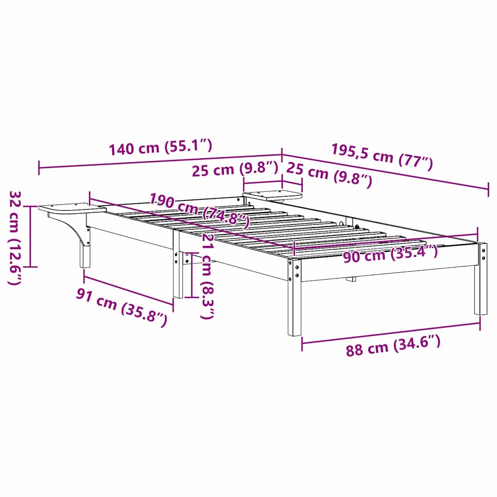 Bed Frame White 90 x 190 cm Solid Pine Wood