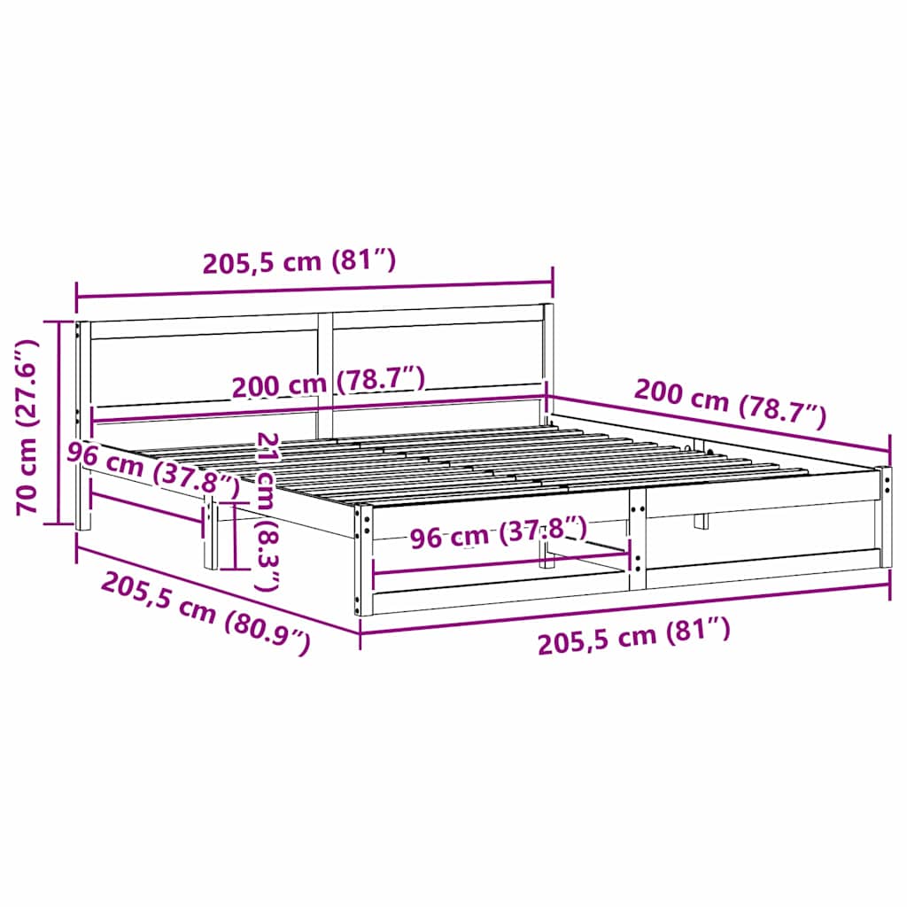Bed Frame with Headboard White 200 x 200 cm Solid Pine Wood