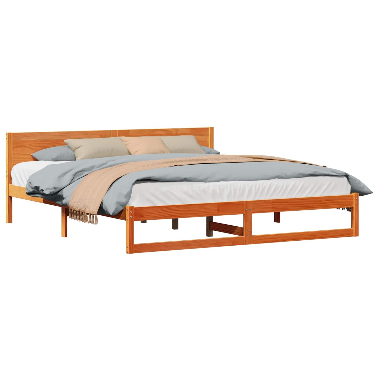 Bed Frame with Headboard Wax Brown 200 x 200 cm Solid Pine Wood