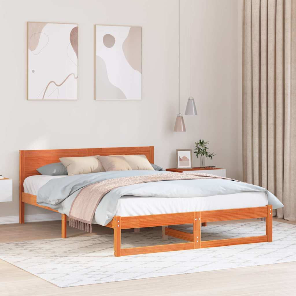 Bed Frame with Headboard Wax Brown 150 x 200 cm Solid Pine Wood