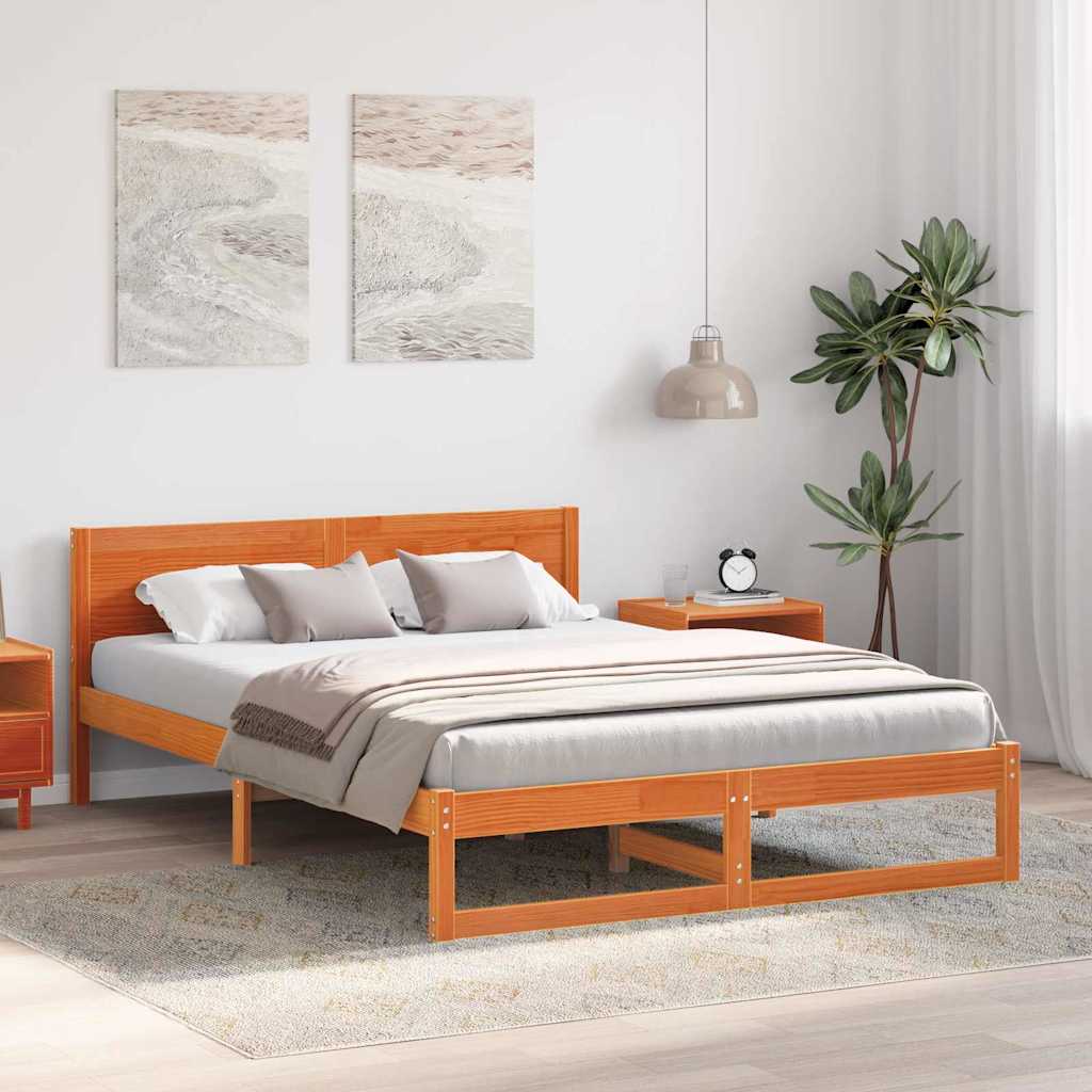 Bed Frame with Headboard Wax Brown 150 x 200 cm Solid Pine Wood