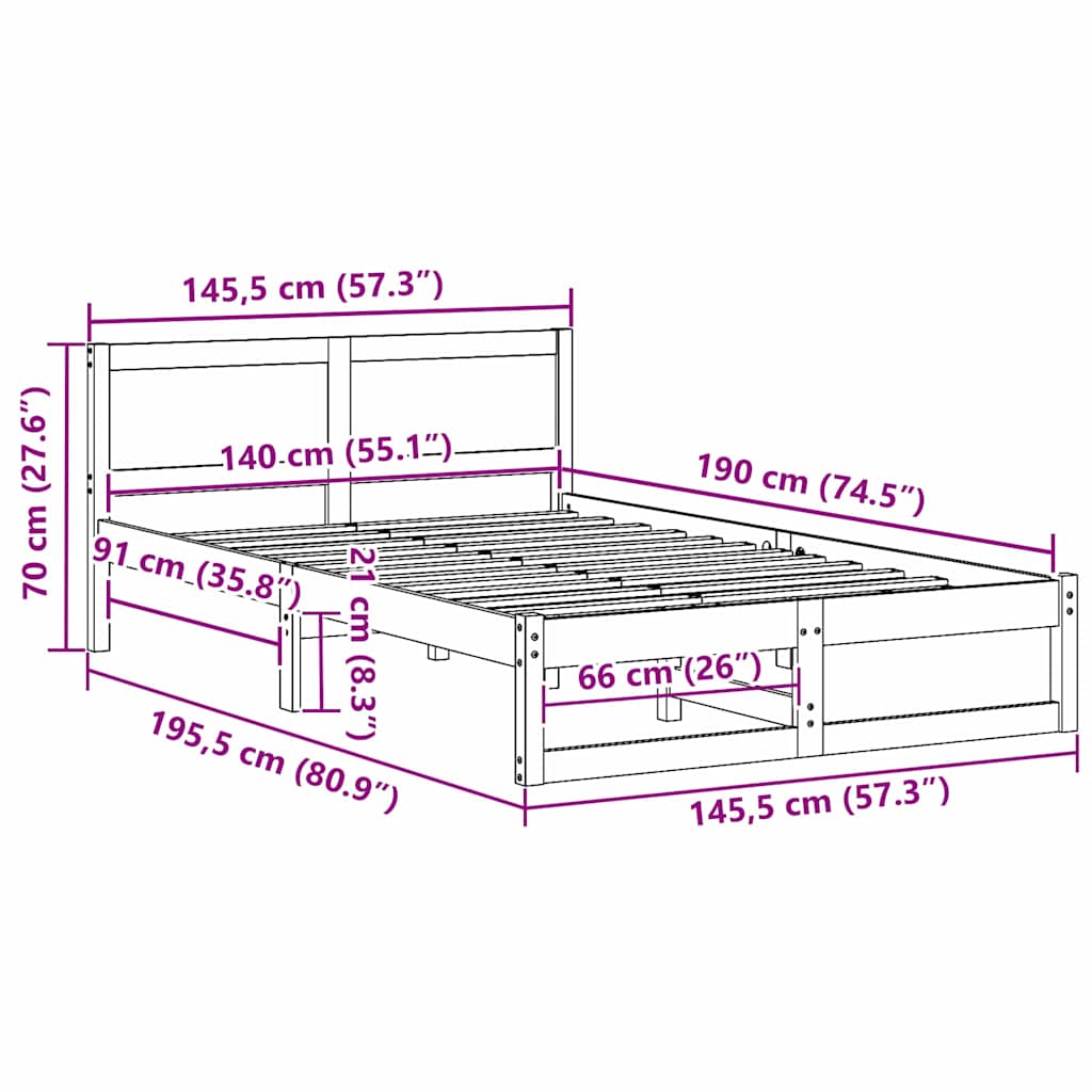 Bed Frame with Headboard White 140 x 190 cm Solid Pine Wood