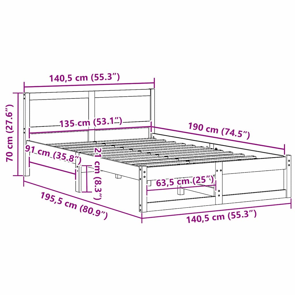 Bed Frame with Headboard Wax Brown 135 x 190 cm Solid Pine Wood