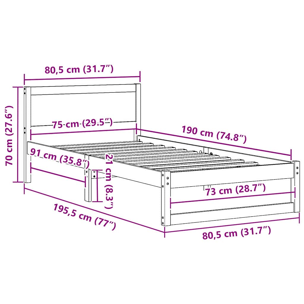 Bed Frame with Headboard Wax Brown 75 x 190 cm Solid Pine Wood