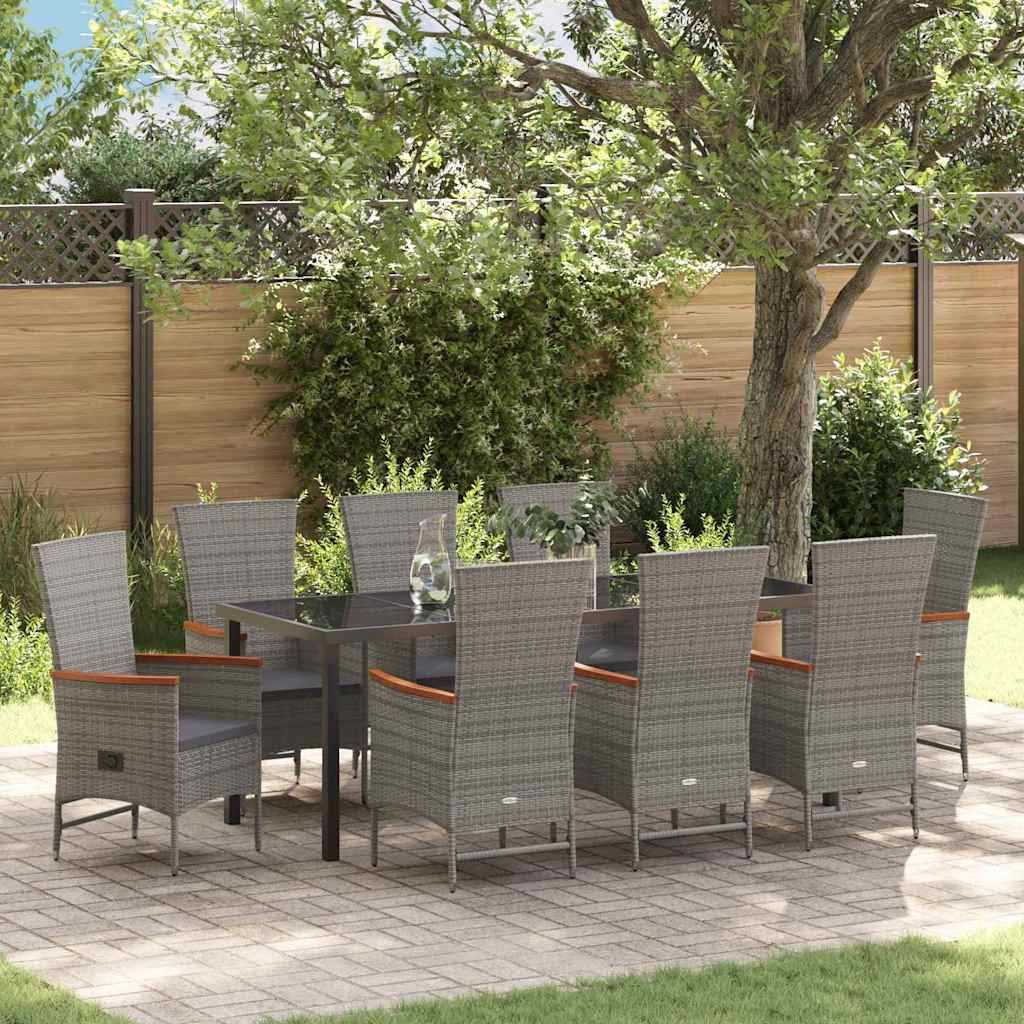 Garden Dining Set with Cushion 9 pcs Grey Poly Rattan