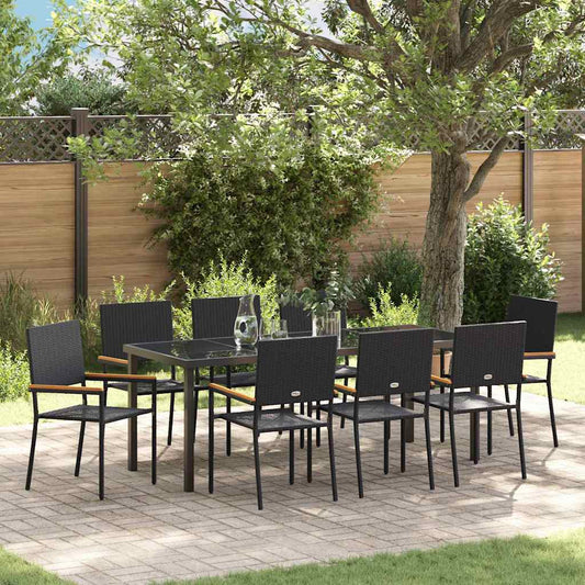 Garden Dining Set with Cushion 9 pcs Black Poly Rattan