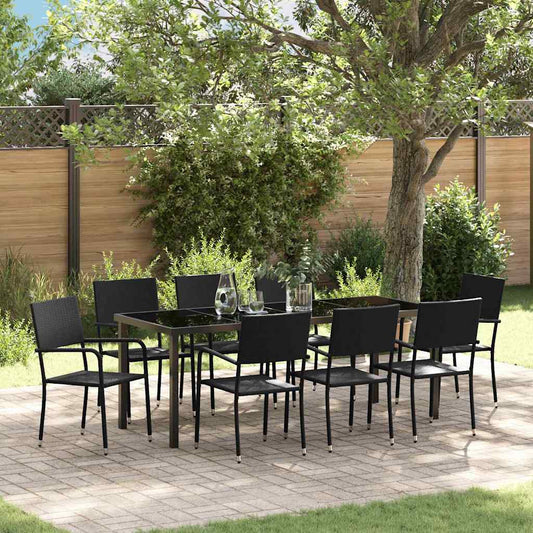Garden Dining Set with Cushion 9 pcs Black Poly Rattan
