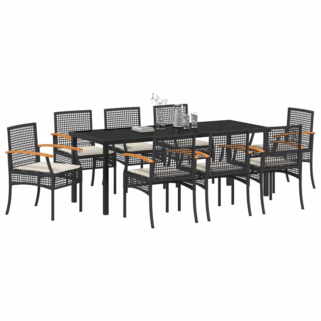 Garden Dining Set with Cushion 9 pcs Black Rattan