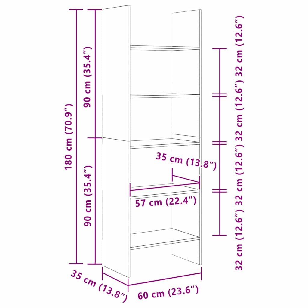 Book Cabinet 5-Tier 60 x 35 x 180 cm Engineered Wood Black Oak