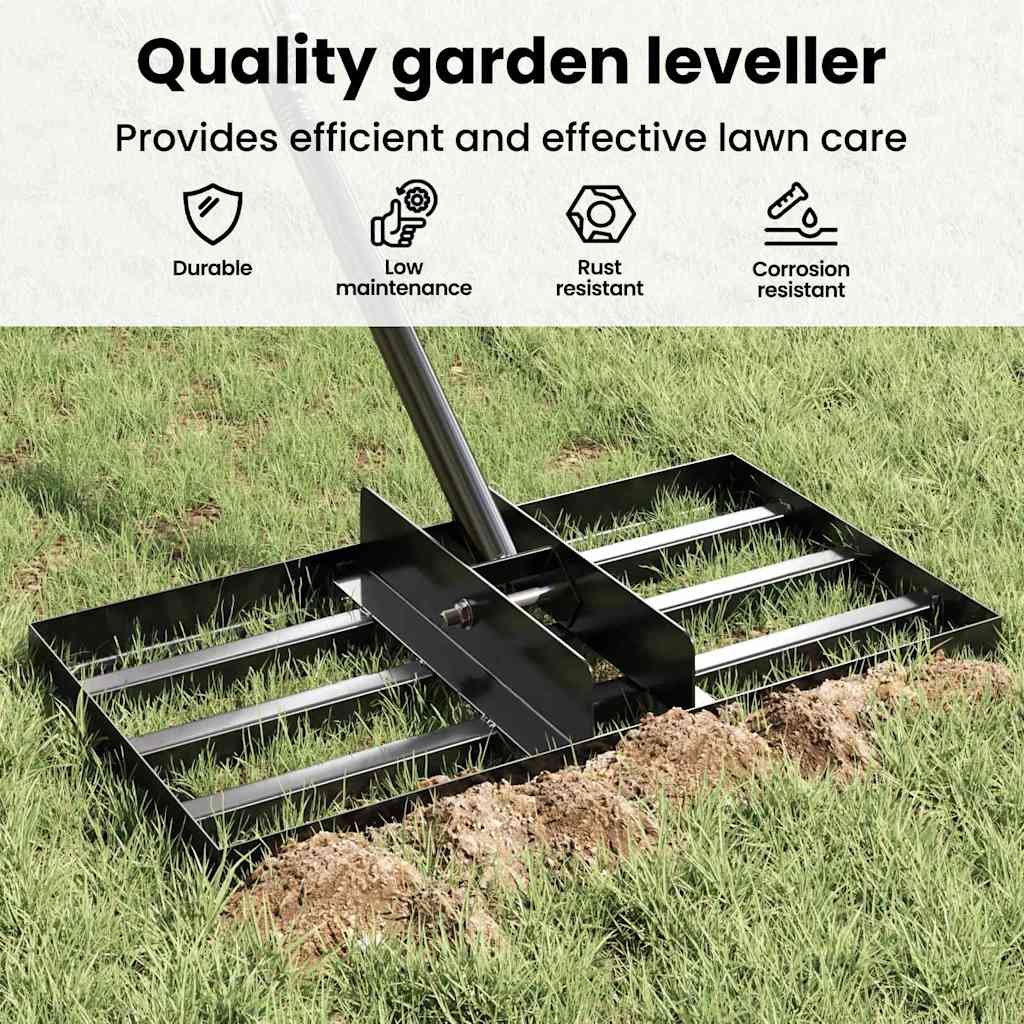 Garden Leveling Rake Black 45 x 25 x 200 cm Powder-Coated Steel