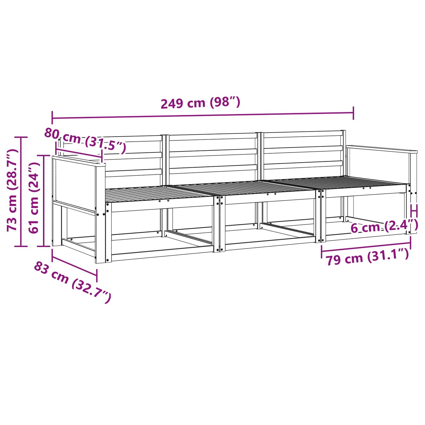 Outdoor Sofa Set 3 pcs Natural Solid Acacia Wood