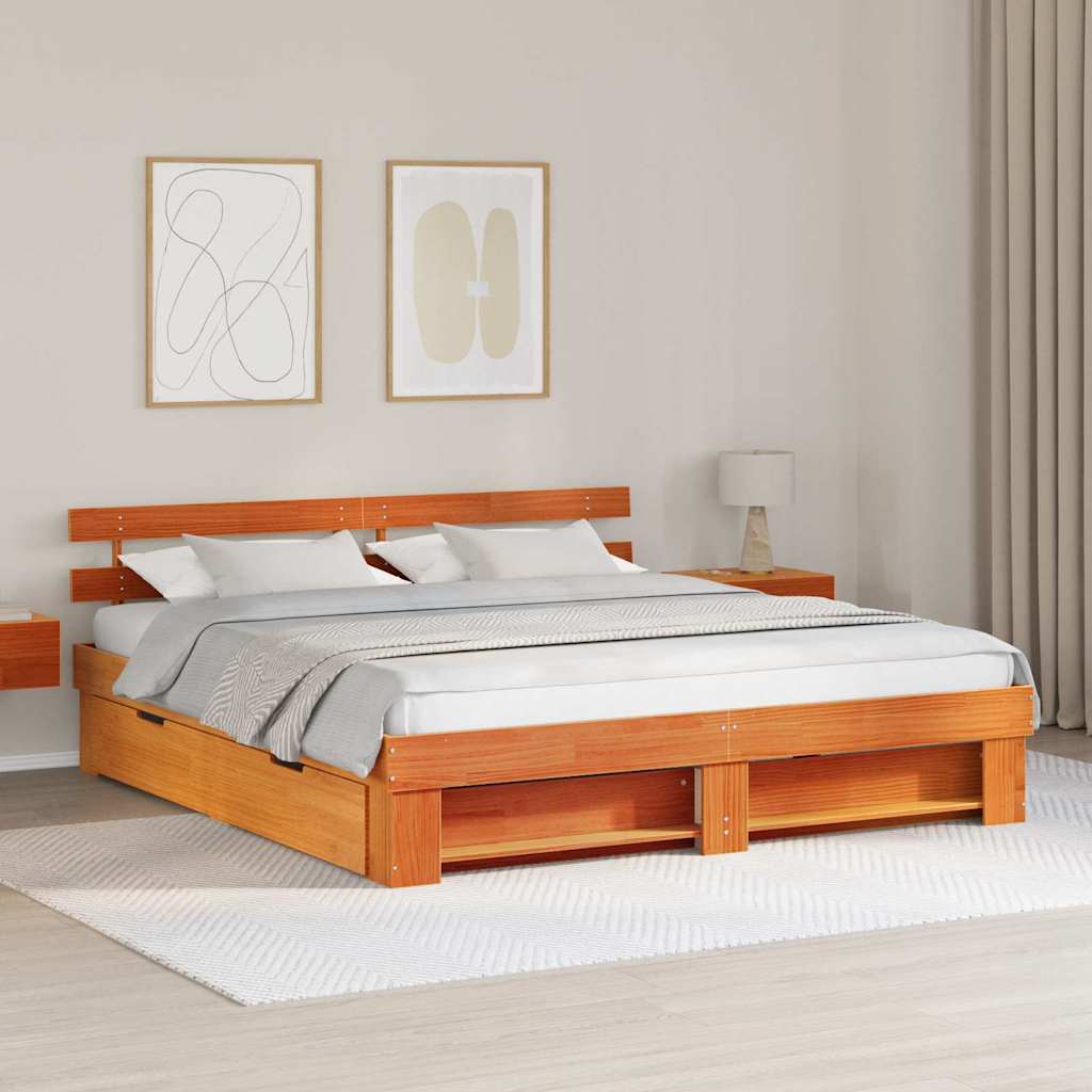 Bed Frame with Headboard Wax Brown 180 x 200 cm Solid Pine Wood
