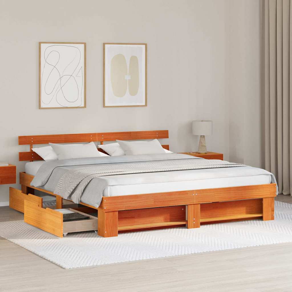 Bed Frame with Headboard Wax Brown 180 x 200 cm Solid Pine Wood