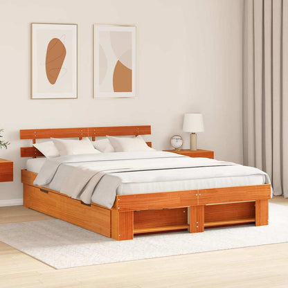 Bed Frame with Headboard Wax Brown 160 x 200 cm Solid Pine Wood
