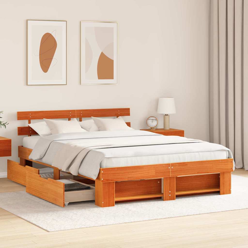 Bed Frame with Headboard Wax Brown 160 x 200 cm Solid Pine Wood