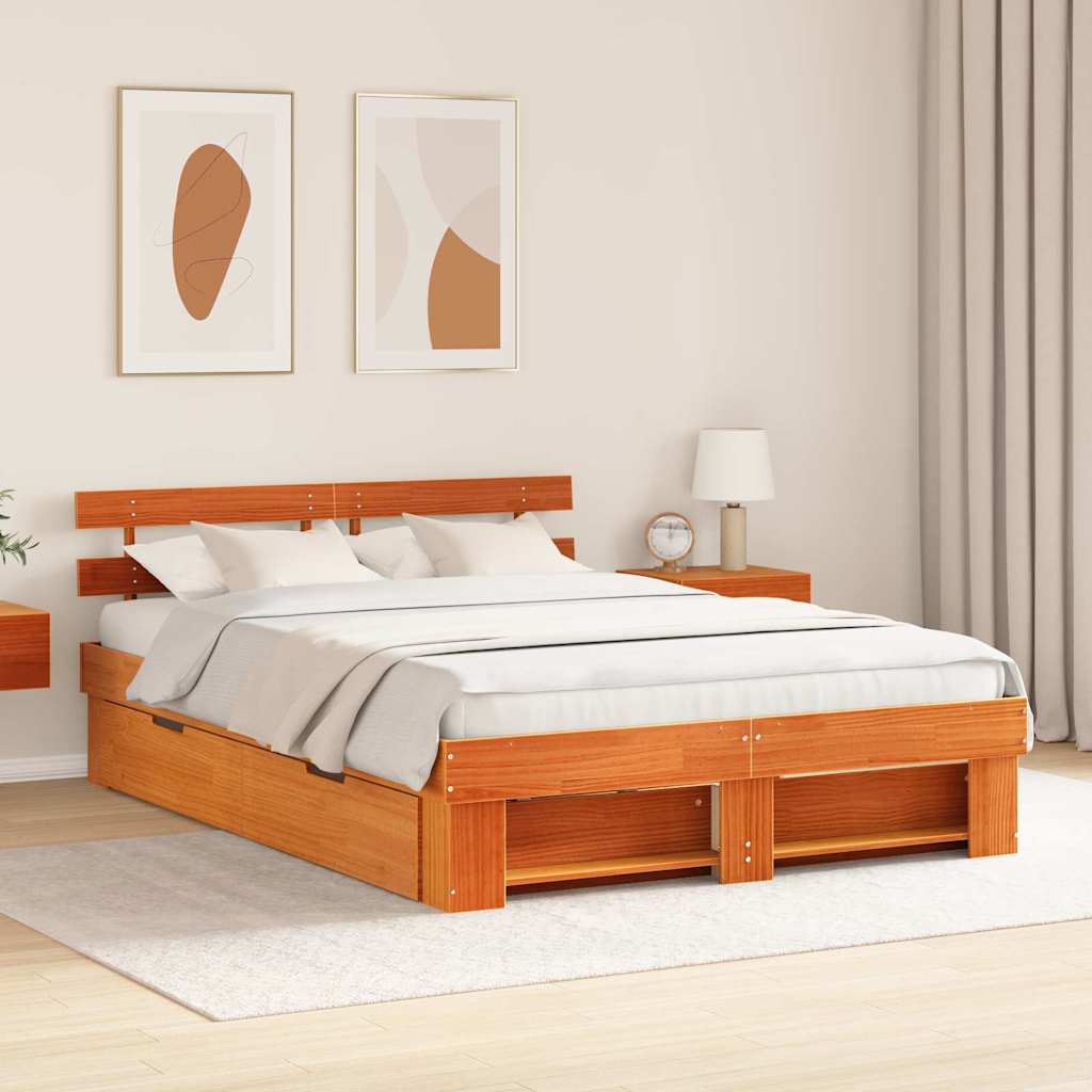 Bed Frame with Headboard Wax Brown 150 x 200 cm Solid Pine Wood