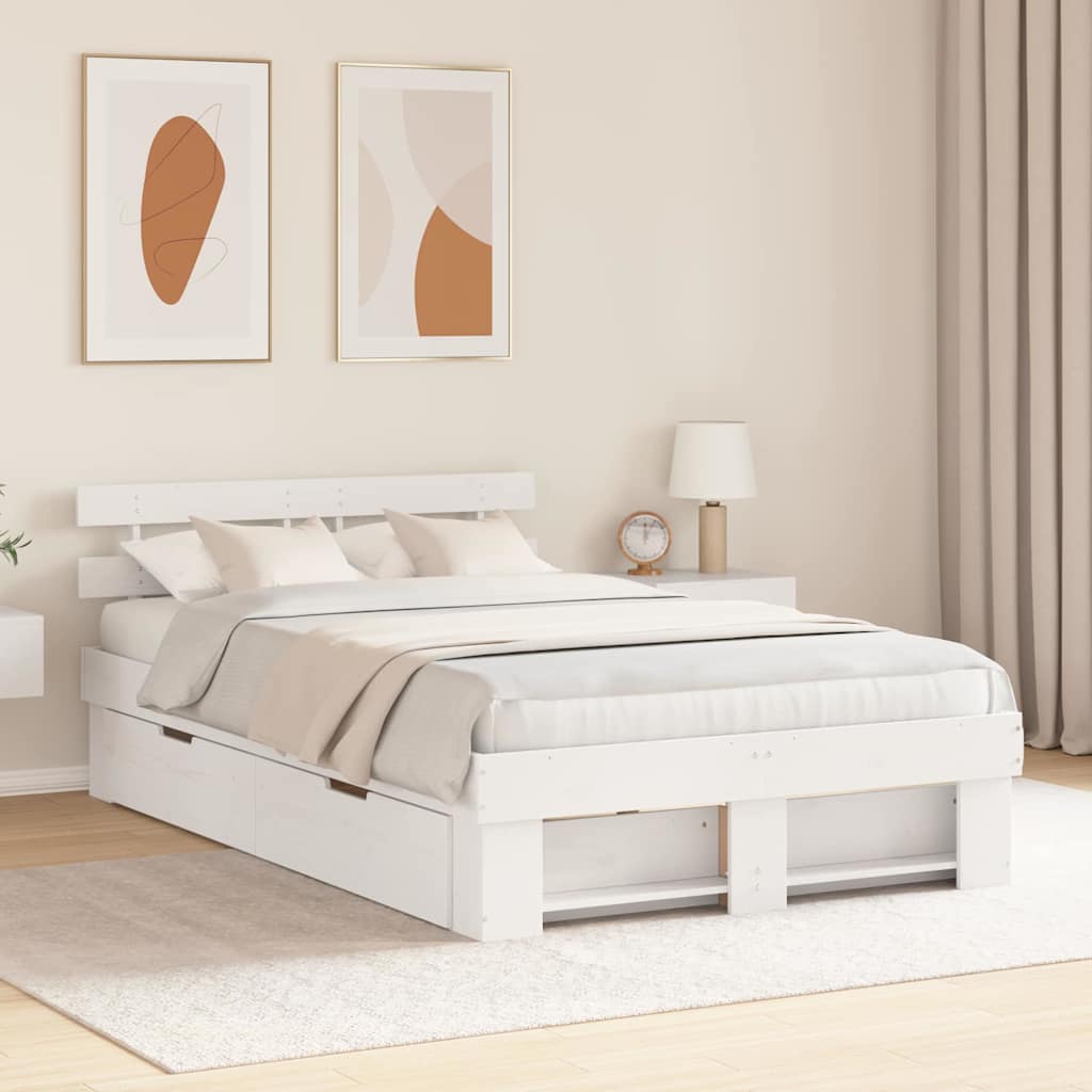 Bed Frame with Headboard White 135 x 190 cm Solid Pine Wood