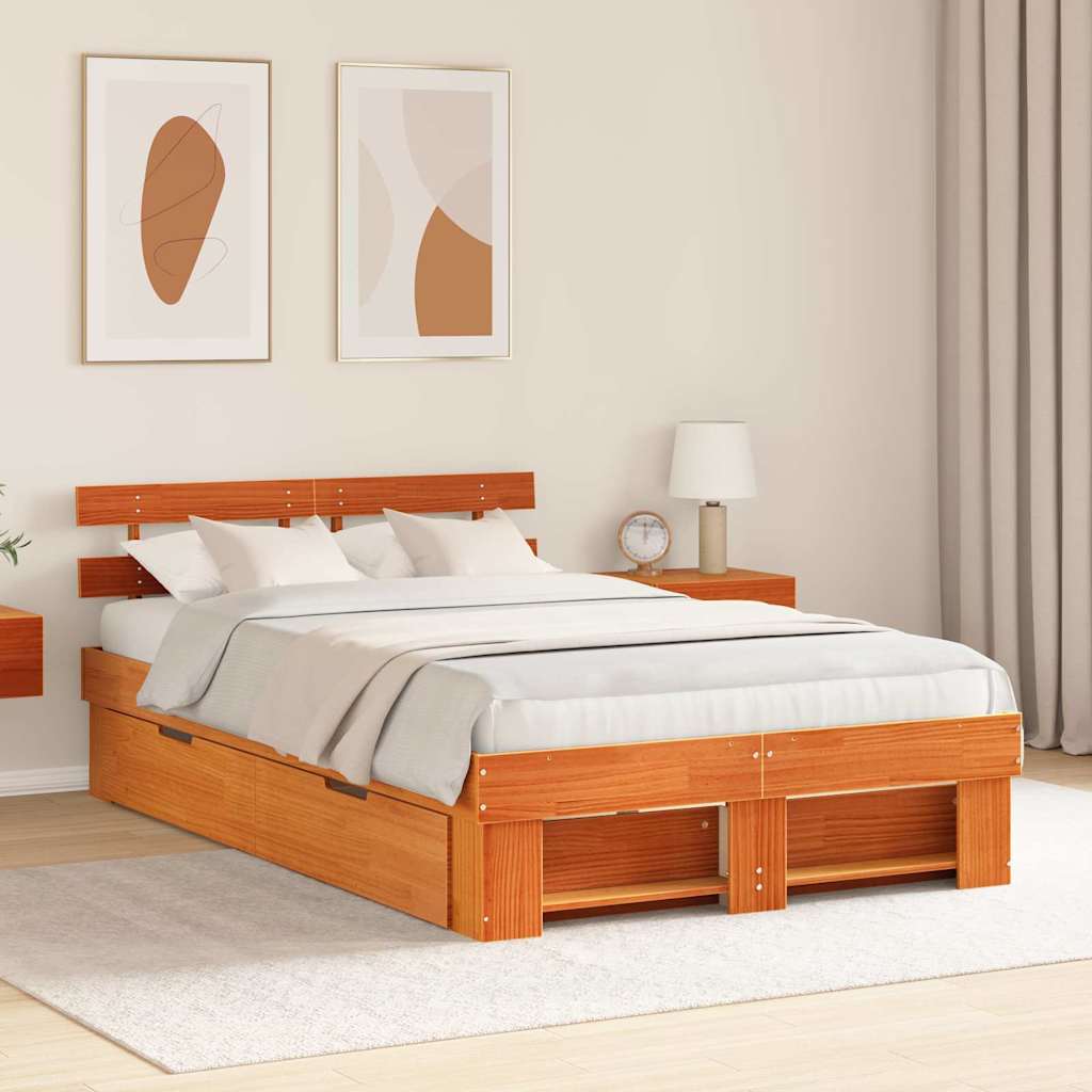 Bed Frame with Headboard Wax Brown 135 x 190 cm Solid Pine Wood