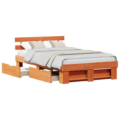 Bed Frame with Headboard Wax Brown 135 x 190 cm Solid Pine Wood
