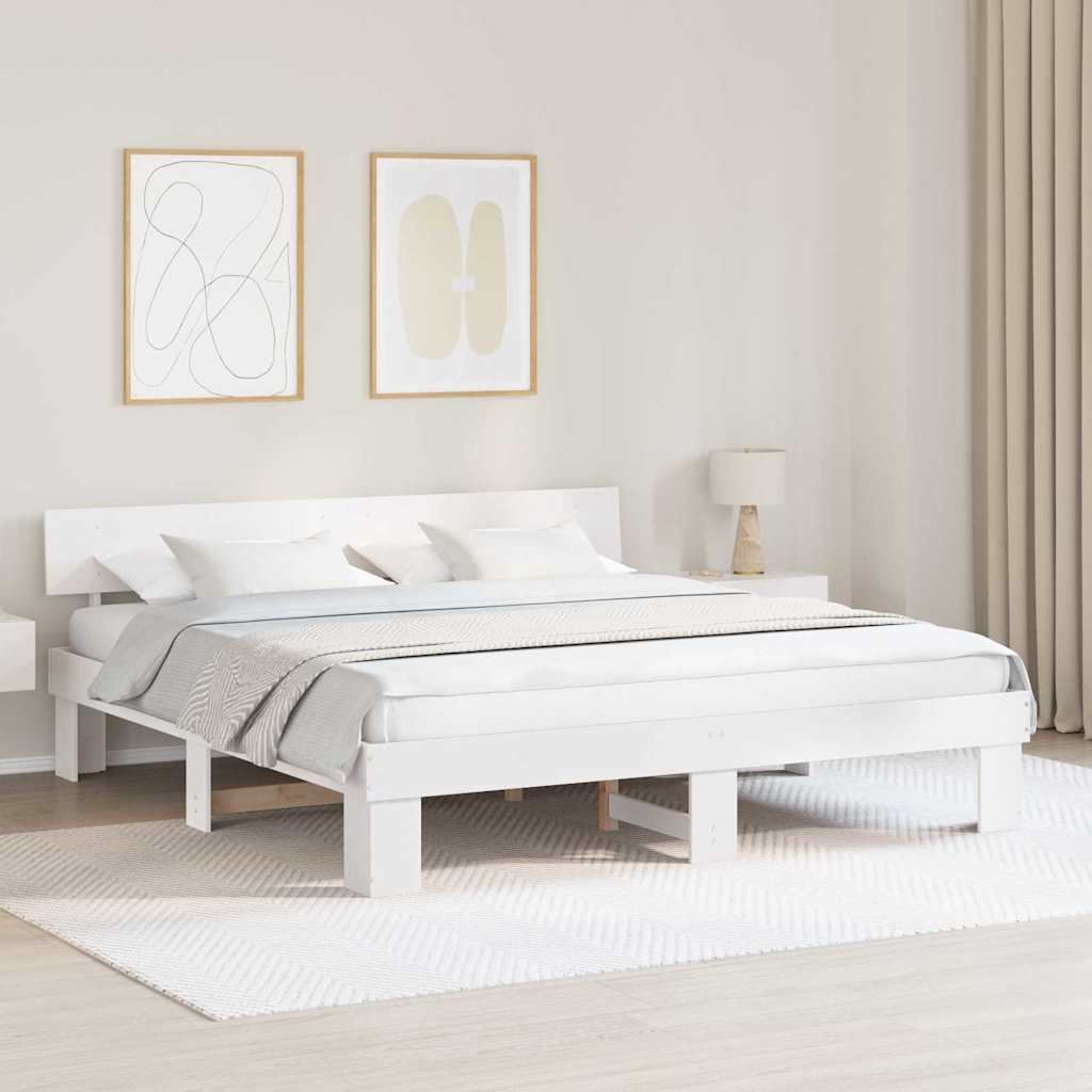 Bed Frame with Headboard White 200 x 200 cm Solid Pine Wood