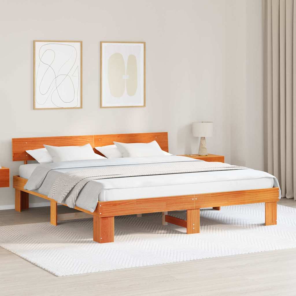 Bed Frame with Headboard Wax Brown 200 x 200 cm Solid Pine Wood