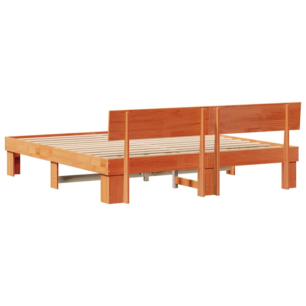 Bed Frame with Headboard Wax Brown 200 x 200 cm Solid Pine Wood