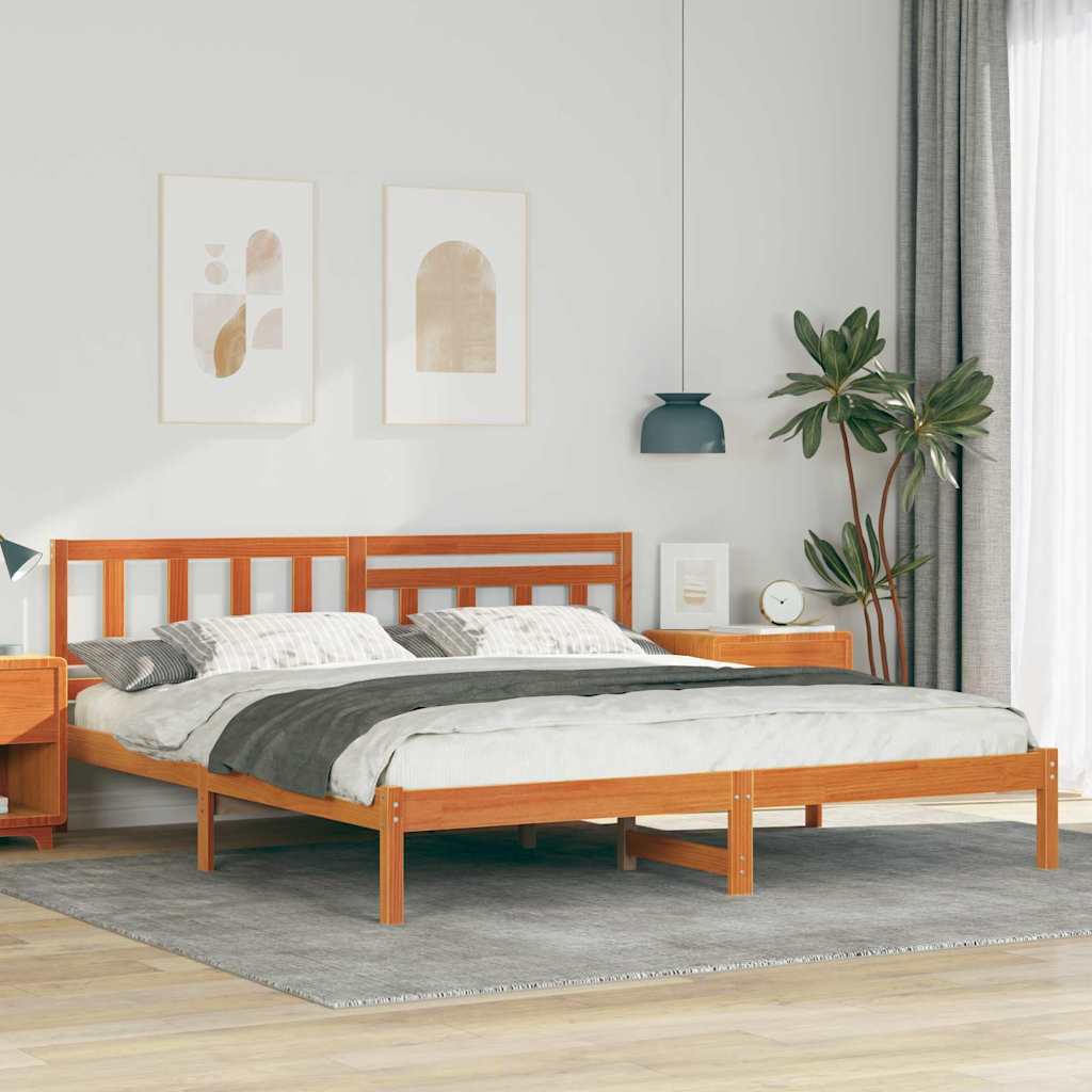 Bed Frame with Headboard Wax Brown 200 x 200 cm Solid Pine Wood