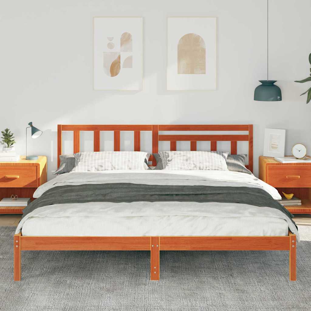 Bed Frame with Headboard Wax Brown 200 x 200 cm Solid Pine Wood