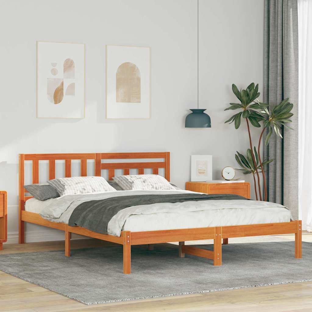 Bed Frame with Headboard Wax Brown 140 x 200 cm Solid Pine Wood
