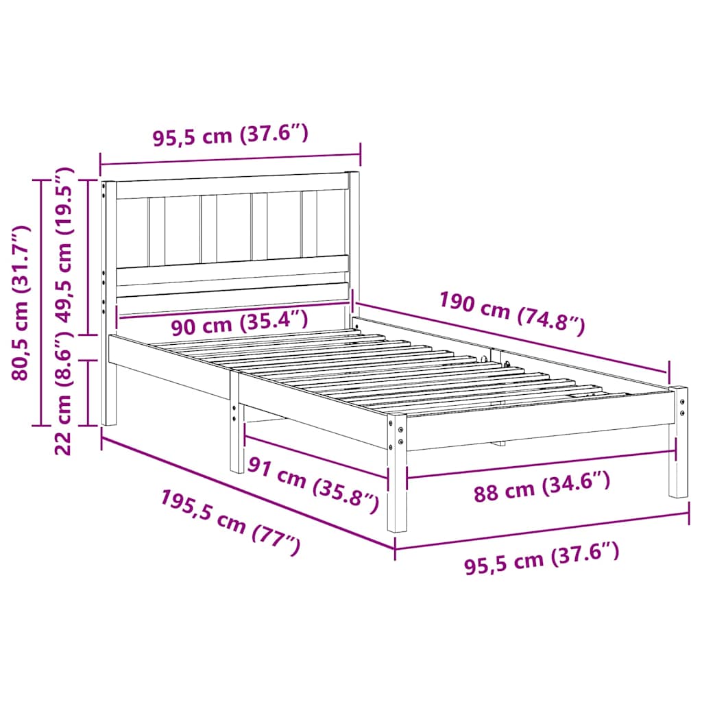Bed Frame with Headboard Wax Brown 90 x 190 cm Solid Pine Wood