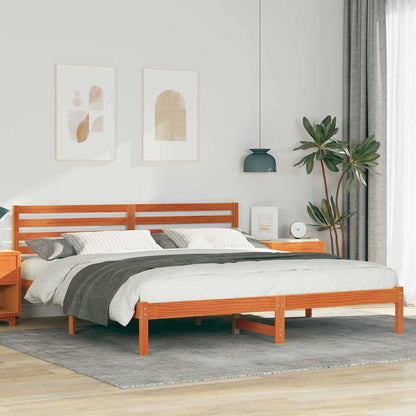 Bed Frame with Headboard Wax Brown 200 x 200 cm Solid Pine Wood