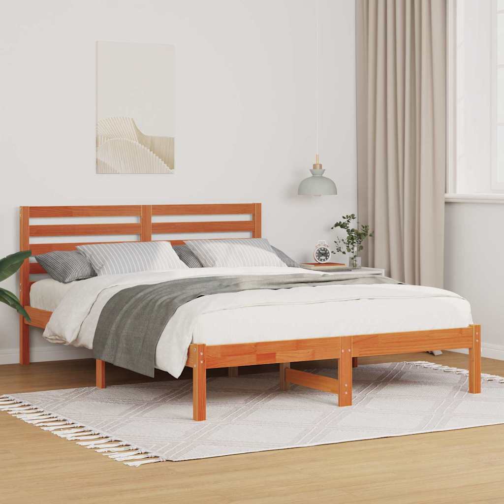 Bed Frame with Headboard Wax Brown 135 x 190 cm Solid Pine Wood
