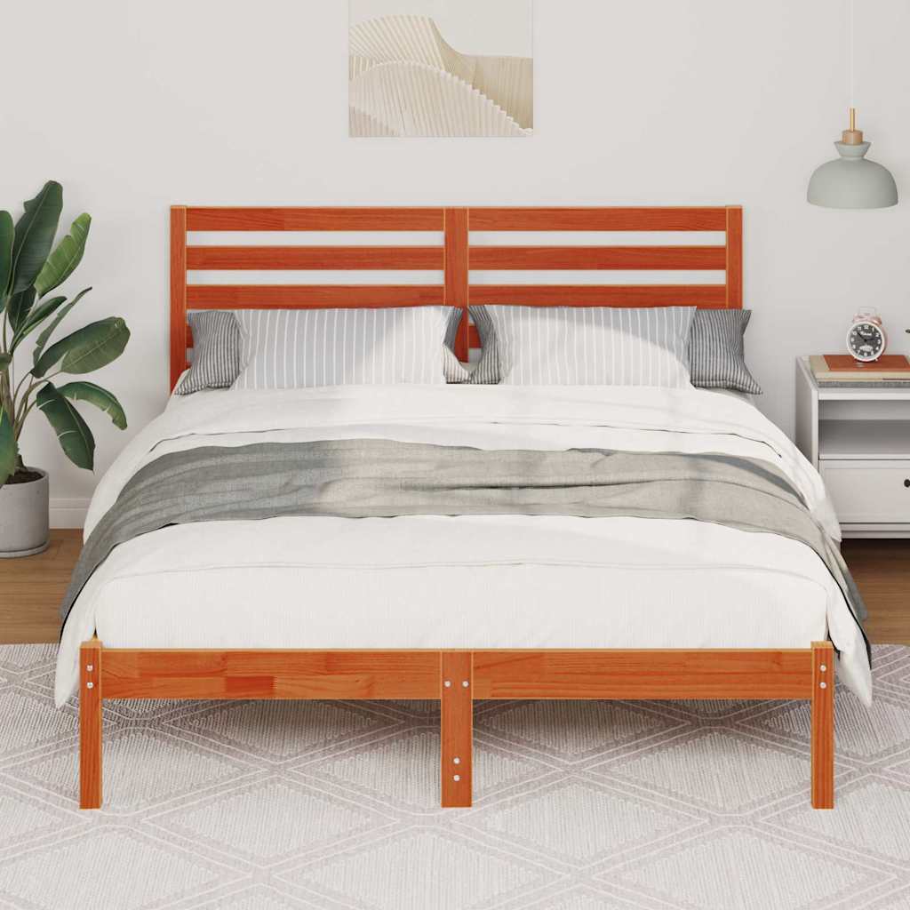 Bed Frame with Headboard Wax Brown 135 x 190 cm Solid Pine Wood