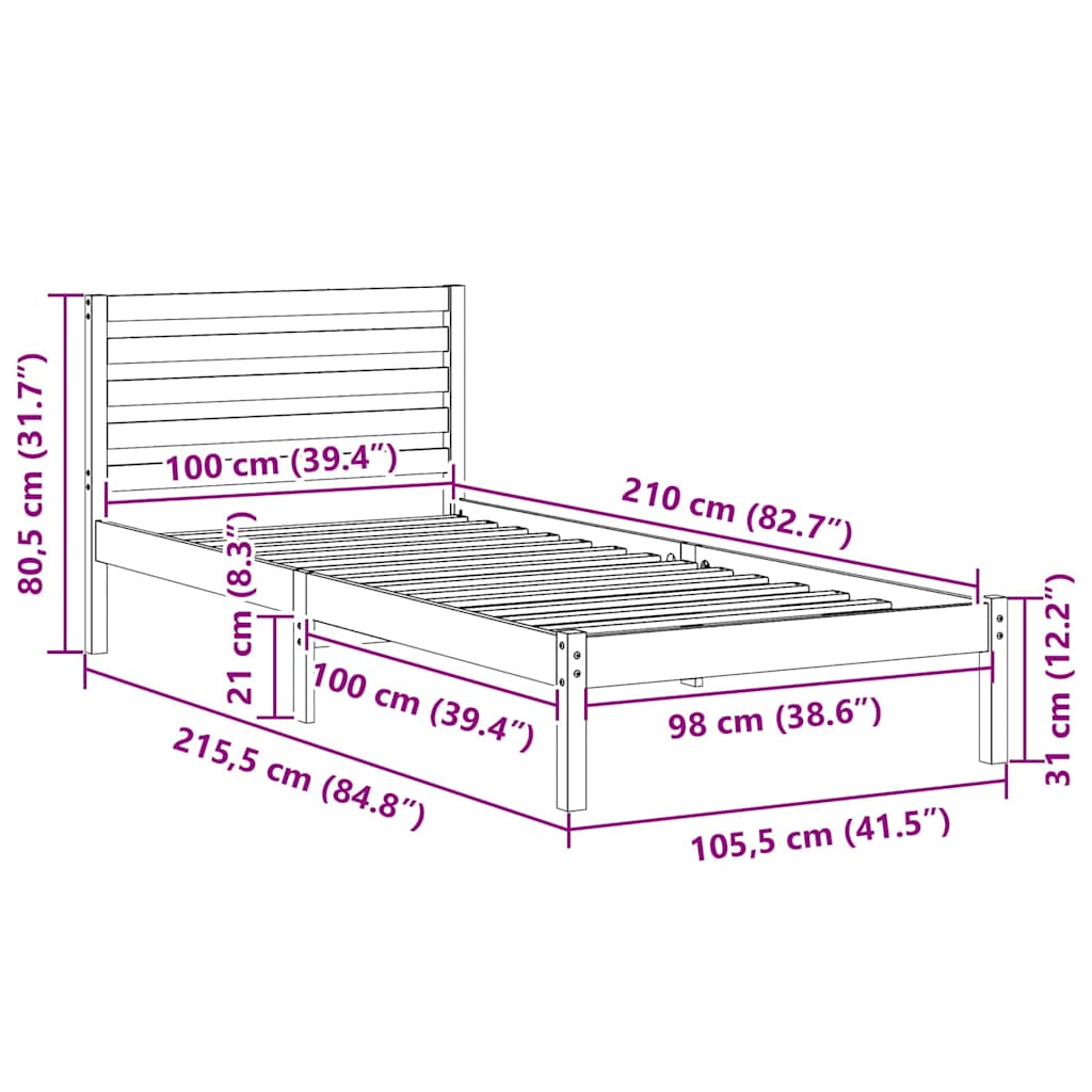 Bed Frame with Headboard White 100 x 210 cm Solid Pine Wood