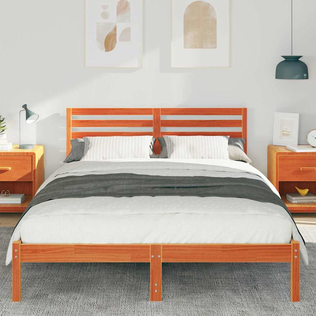 Bed Frame with Headboard Wax Brown 140 x 210 cm Solid Pine Wood