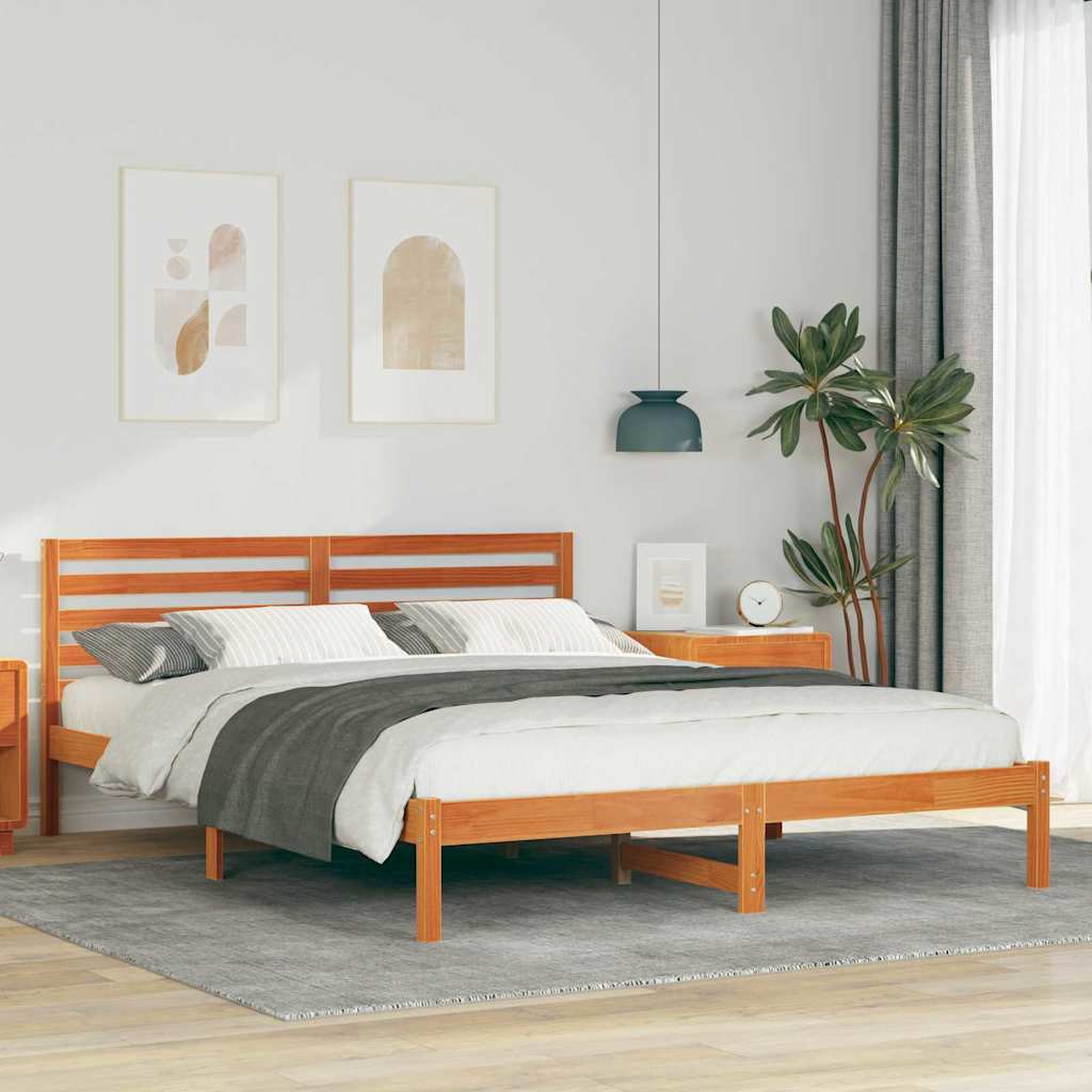 Bed Frame with Headboard Wax Brown 160 x 210 cm Solid Pine Wood
