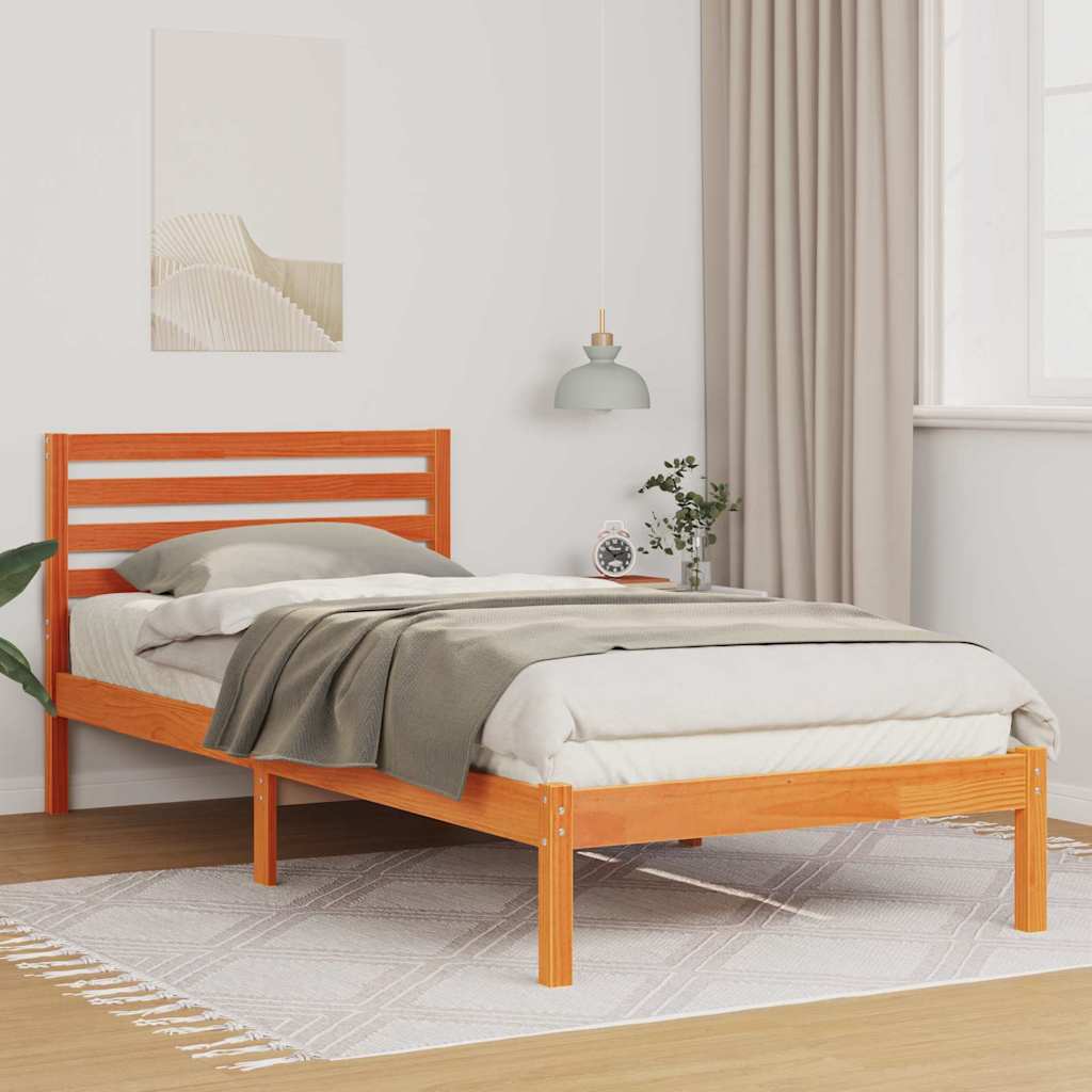 Bed Frame with Headboard Wax Brown 90 x 220 cm Solid Pine Wood