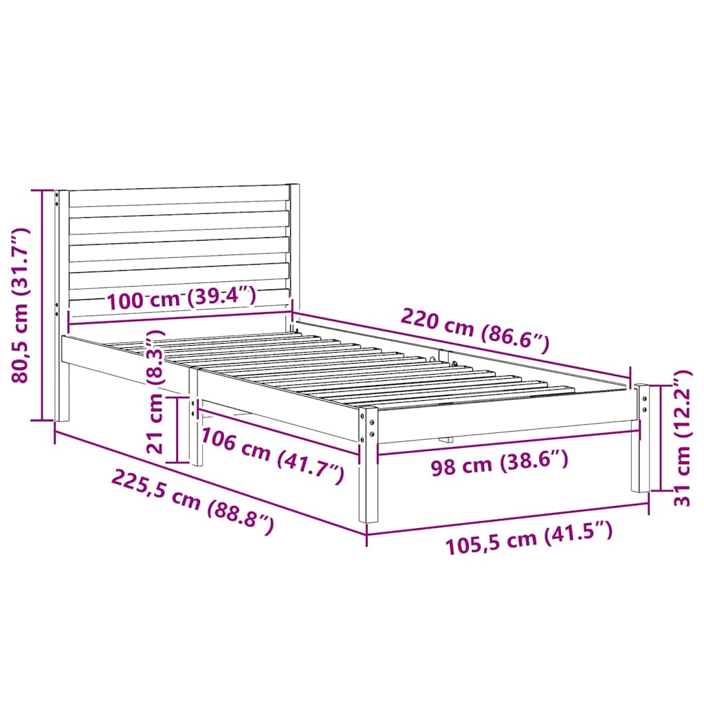 Bed Frame with Headboard Wax Brown 100 x 220 cm Solid Pine Wood