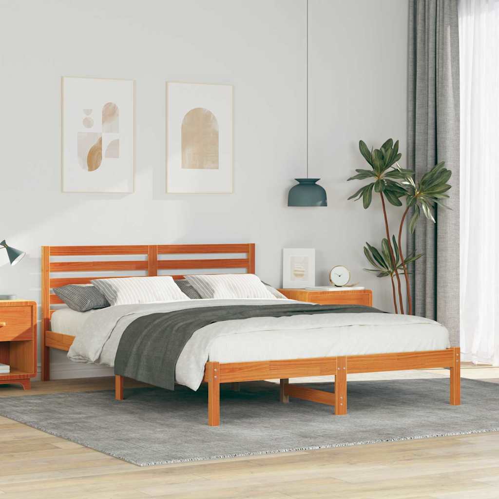 Bed Frame with Headboard Wax Brown 140 x 220 cm Solid Pine Wood