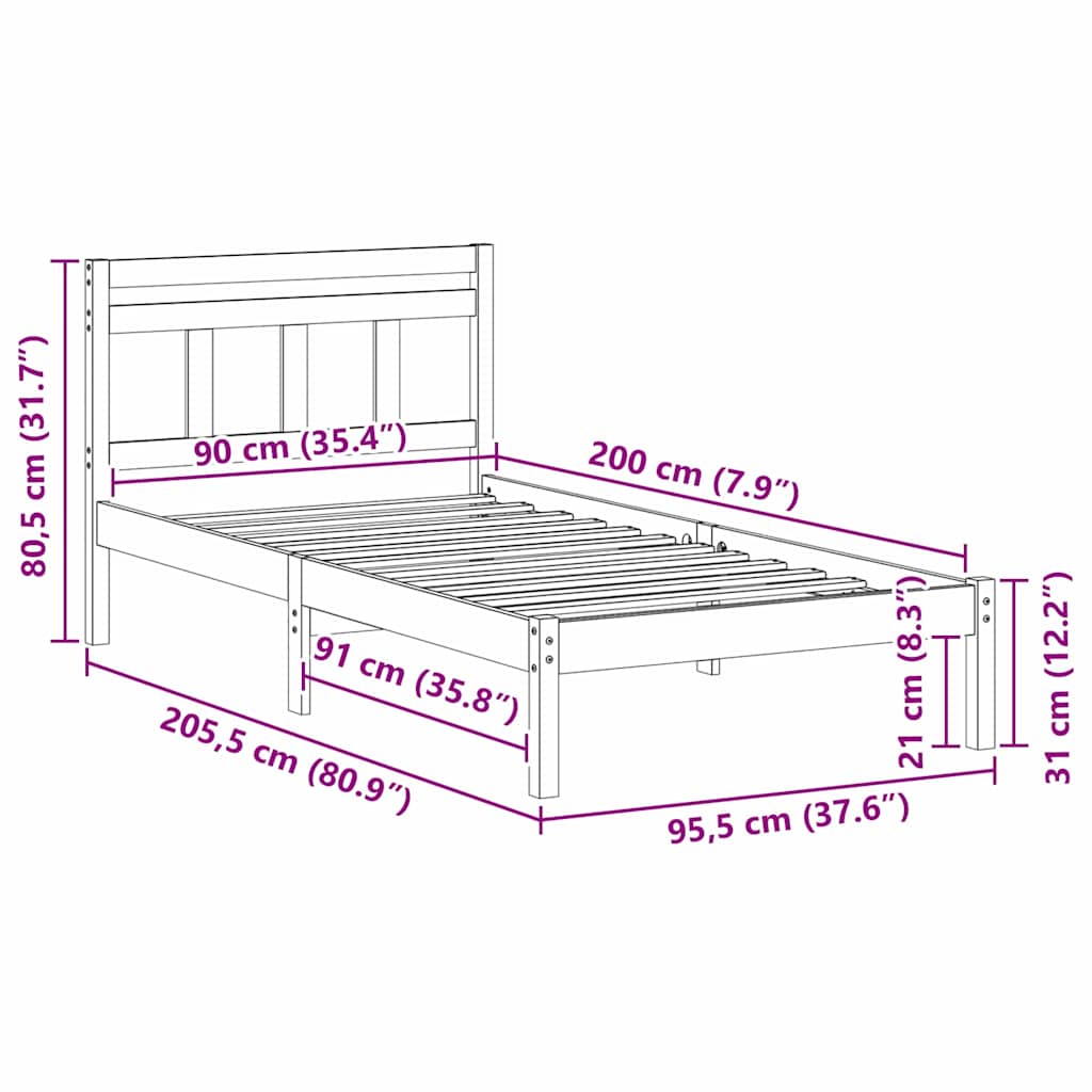 Bed Frame White 90 x 200 cm Solid Pine Wood
