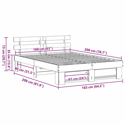 Bed Frame with Headboard Wax Brown 160 x 200 cm Solid Pine Wood